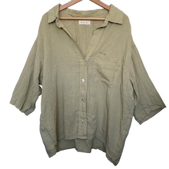 Solai Linen Button Down Shirt Green Oversized Beach Vacation Coastal Lagenlook - Picture 1 of 5